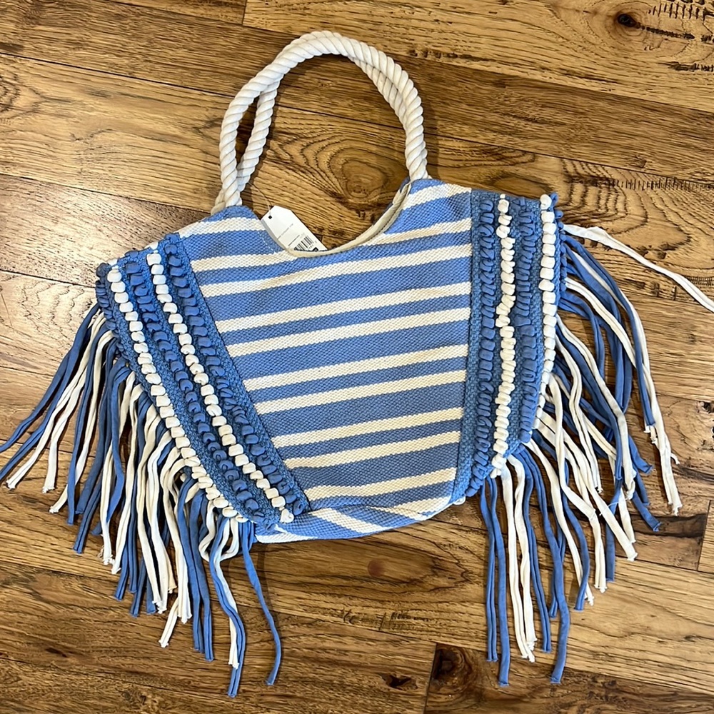 Large Boho Fringe Tote Bag Blue White Beach Bag